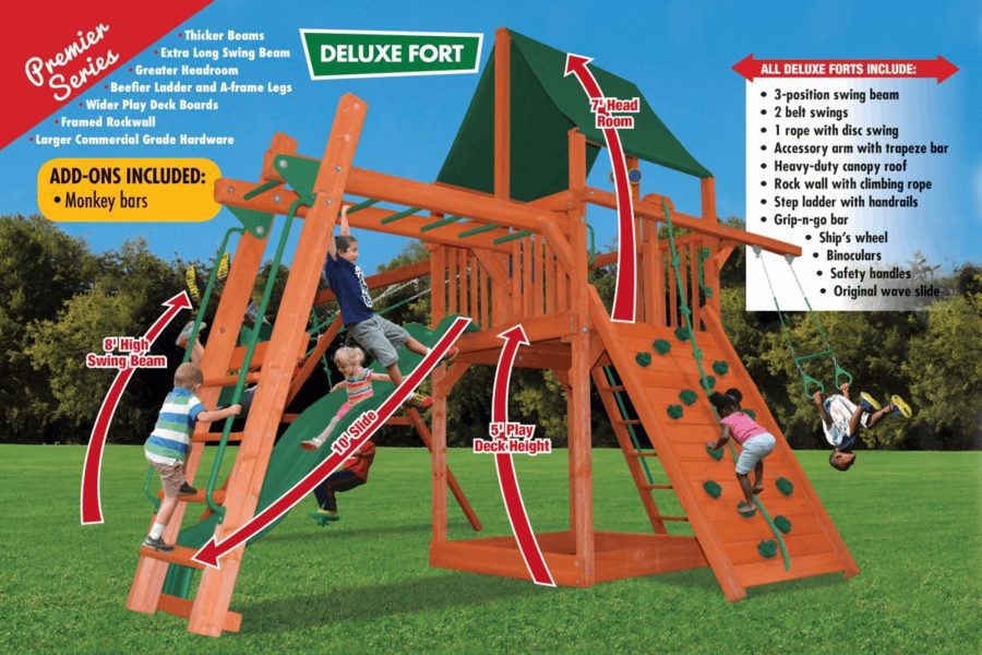 Deluxe Fort Combo 3 Swing Set with Rock Wall and Monkey Bars Deluxe Fort Combo 3 Swing Set with Rock Wall and Monkey Bars