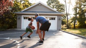 dad and daughter playing basketball